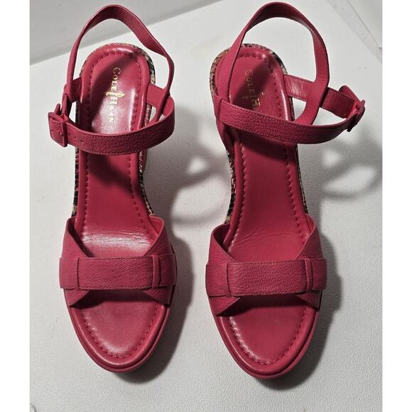 Cole Haan Paley Sz 9.5 Punch Pink Leather Snake Print Snakeskin Wedge Heels - Picture 10 of 10